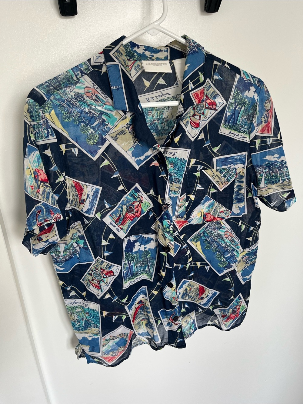 Short-Sleeve Navy Printed Button-Down Shirt by Liz Claiborne